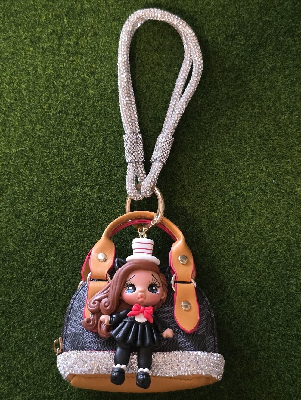 Mini Keychain Handbag Charm with Rhinestone Accents and Dr. Seuss Clay Doll